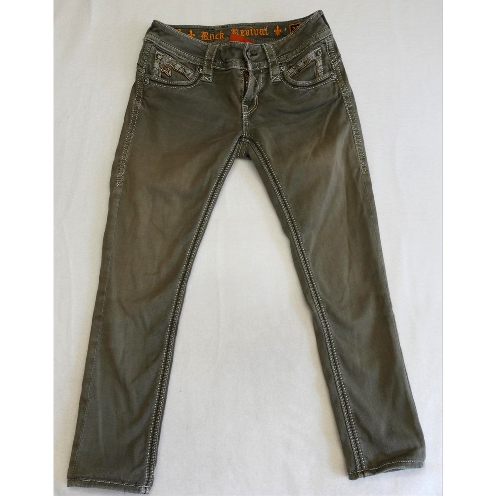 Rock Revival Jeans Womens 25 Green Skinny Medium Wash Denim Embroidered